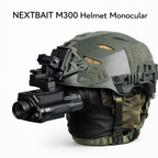 NEXTBAIT M300 helmet mounted night vision monocular shown on tactical helmet in white background, hands free infrared night vision device for hunting and outdoor surveillance.
