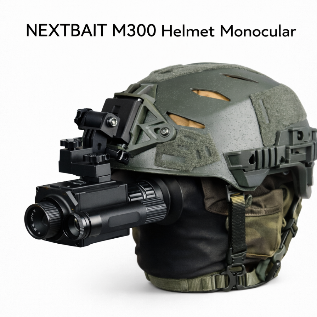 NEXTBAIT M300 helmet mounted night vision monocular shown on tactical helmet in white background, hands free infrared night vision device for hunting and outdoor surveillance.