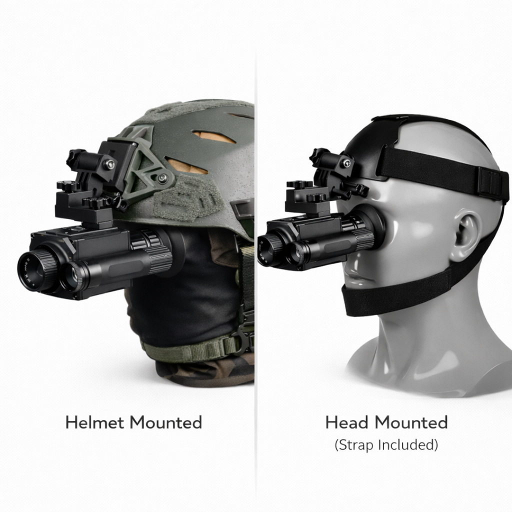 NEXTBAIT M300 night vision monocular shown in helmet mounted and head mounted configurations, illustrating hands free infrared viewing options for hunting and outdoor use.