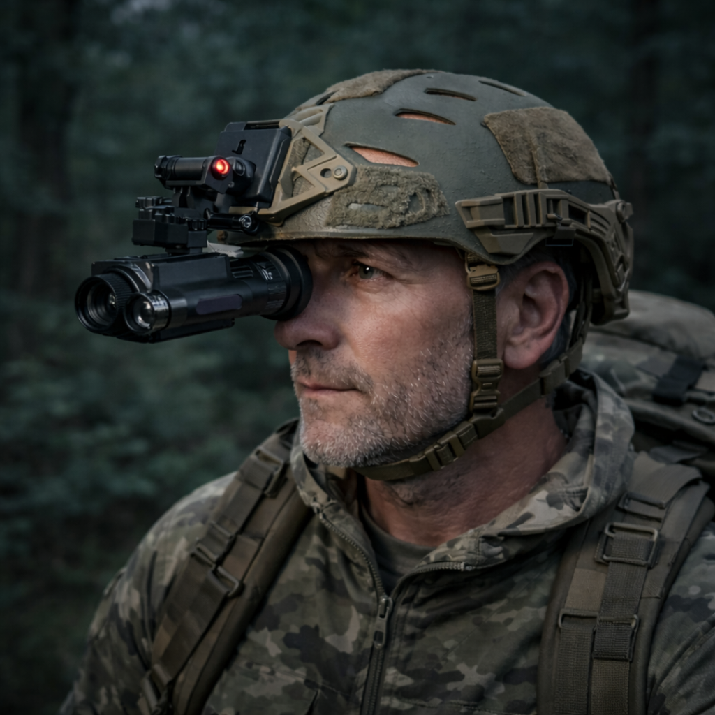 NEXTBAIT M300 night vision monocular showing helmet mounted and head mounted configurations with included head strap for hands free use.