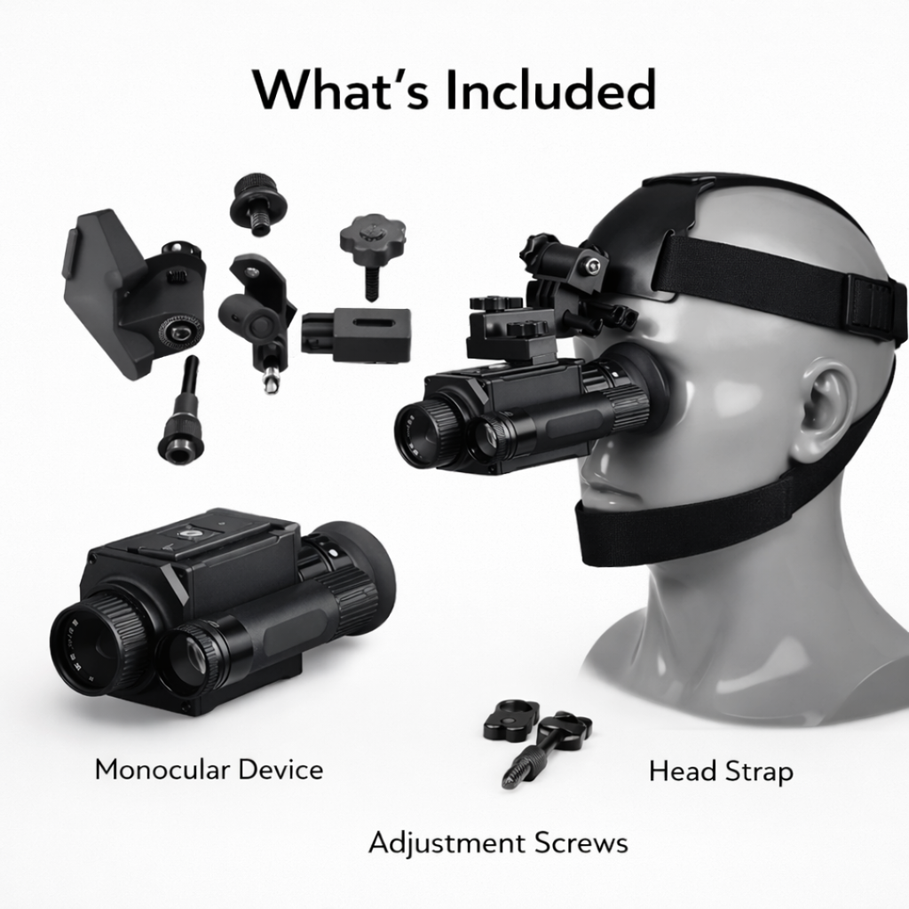 What’s included with NEXTBAIT M300 helmet monocular, night vision device, head strap, mounting hardware, adjustment screws, and accessories displayed on white background