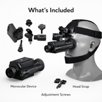 What’s included with NEXTBAIT M300 helmet monocular, night vision device, head strap, mounting hardware, adjustment screws, and accessories displayed on white background