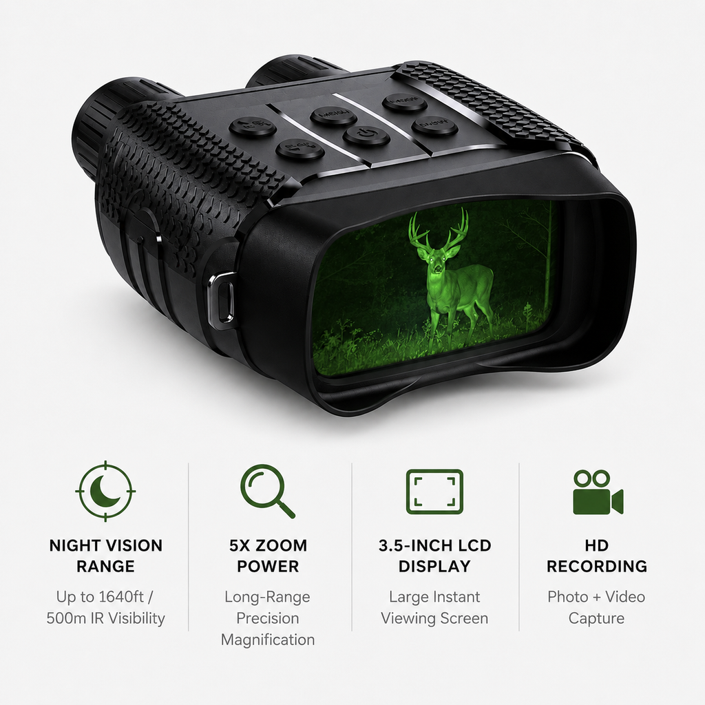 NEXTBAIT NV 340-R night vision binoculars with 5X zoom, 500m infrared visibility, 3.5-inch LCD display, and HD photo and video recording for hunting, wildlife observation, surveillance, and nighttime outdoor adventures.