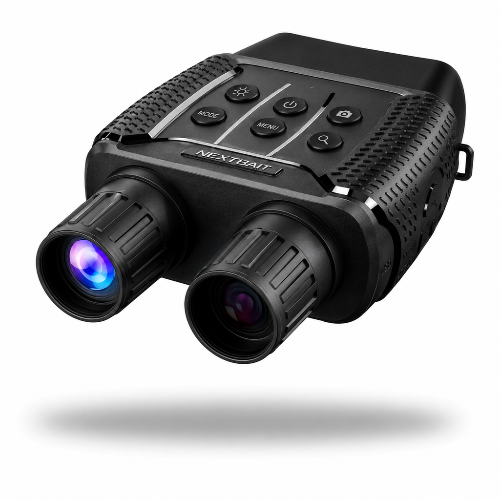 Advanced vision night vision binoculars with detailed texture and buttons, accompanied by a packaging box featuring an image of a cat’s eyes illuminated in the dark, showcasing the effectiveness of the binoculars.