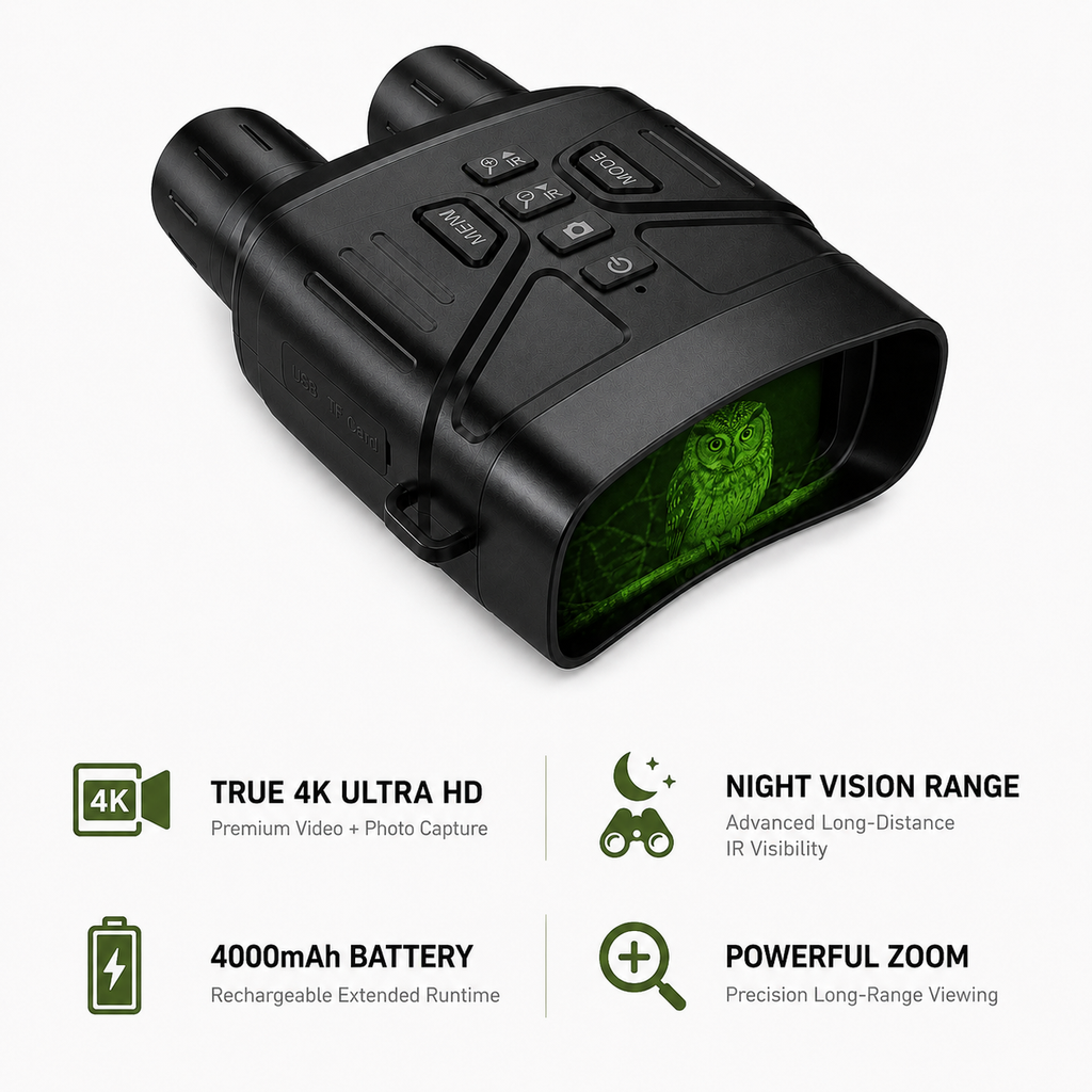 NEXTBAIT NV 400-X true 4K night vision binoculars in black with ultra HD video recording, 4000mAh rechargeable battery, powerful zoom, and advanced long-range infrared visibility for hunting, bird watching, wildlife observation, and nighttime exploration.