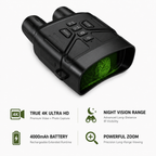 NEXTBAIT NV 400-X true 4K night vision binoculars in black with ultra HD video recording, 4000mAh rechargeable battery, powerful zoom, and advanced long-range infrared visibility for hunting, bird watching, wildlife observation, and nighttime exploration.