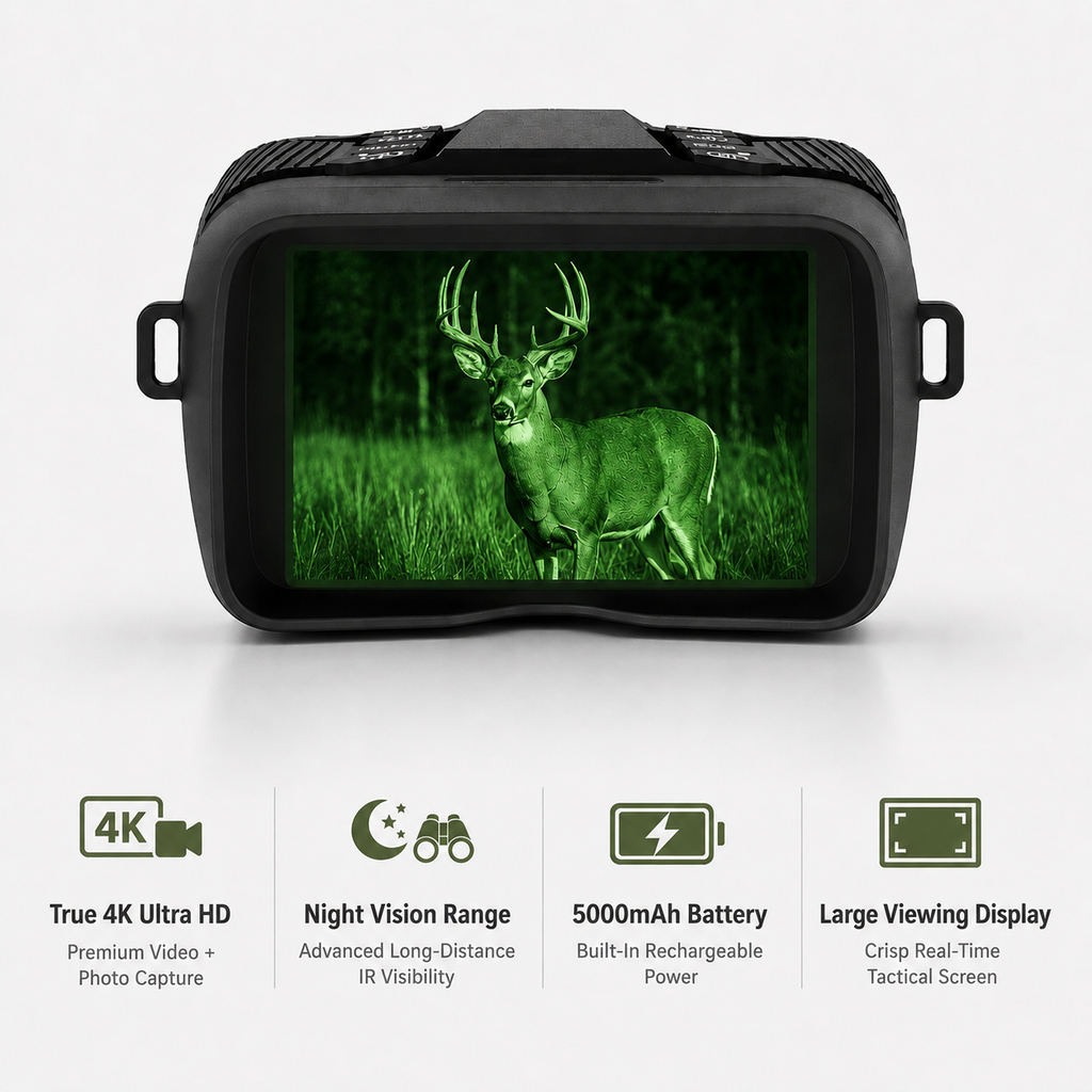 NEXTBAIT NV 500-X true 4K night vision binoculars with ultra HD recording, 5000mAh built-in rechargeable battery, advanced long-range infrared visibility, and large real-time display for hunting, wildlife tracking, and nighttime outdoor adventures.