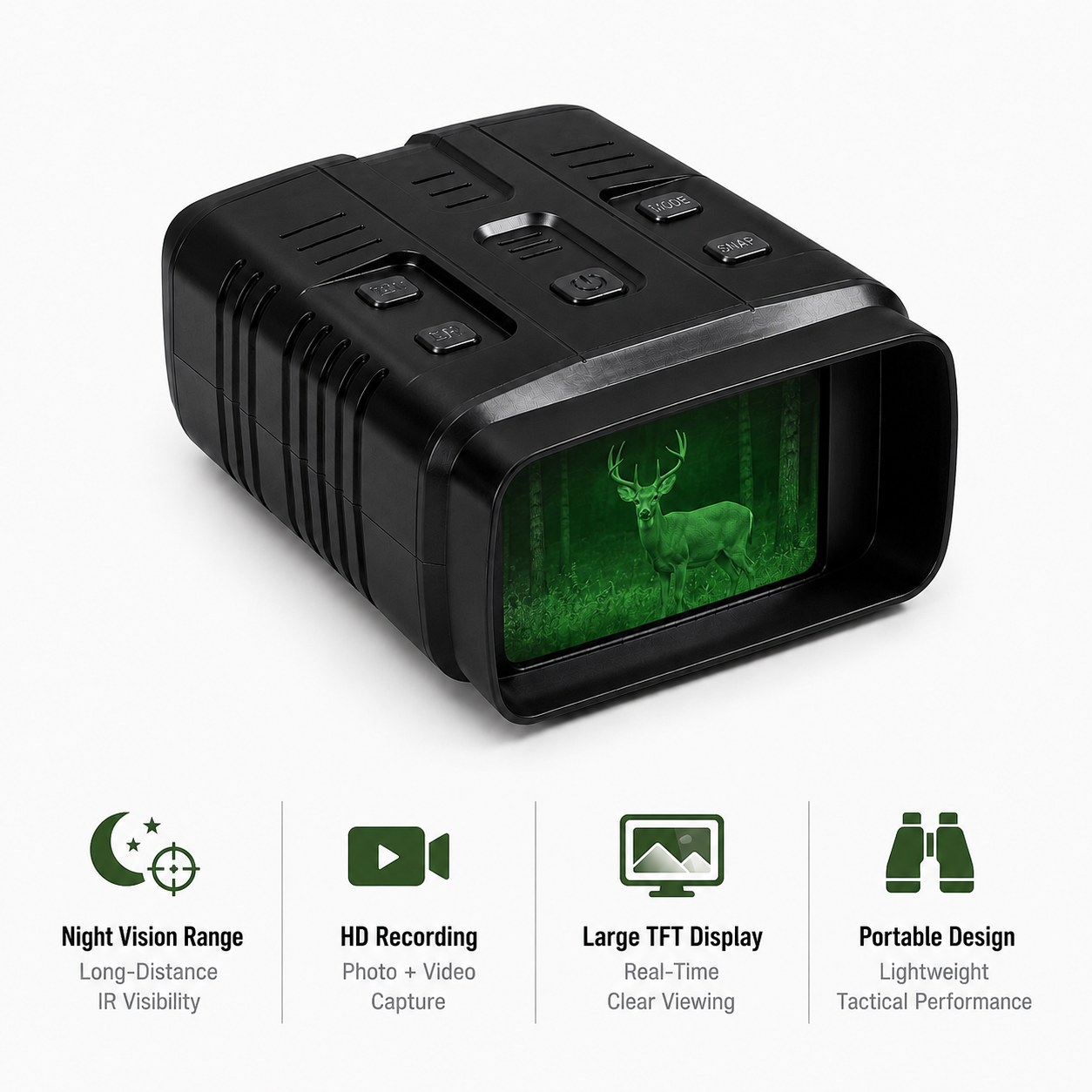 NEXTBAIT NV200-R night vision binoculars with HD photo and video recording, large TFT display, long-distance infrared visibility, and portable tactical design for hunting, wildlife observation, surveillance, and outdoor adventures.