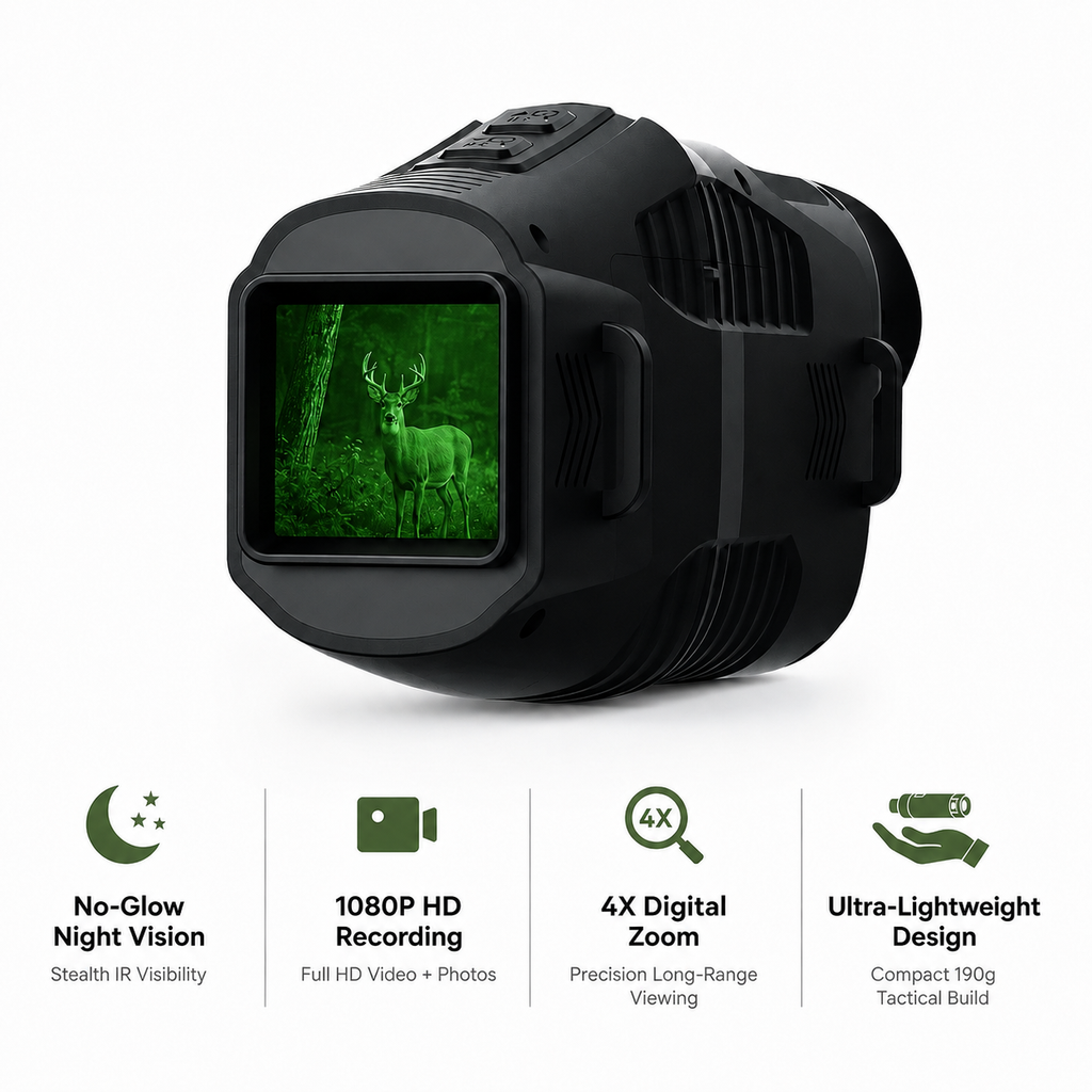 NEXTBAIT NV200M night vision monocular with no-glow infrared visibility, 1080P HD recording, 4X digital zoom, and ultra-lightweight tactical design for hunting, wildlife tracking, surveillance, and nighttime outdoor adventures.