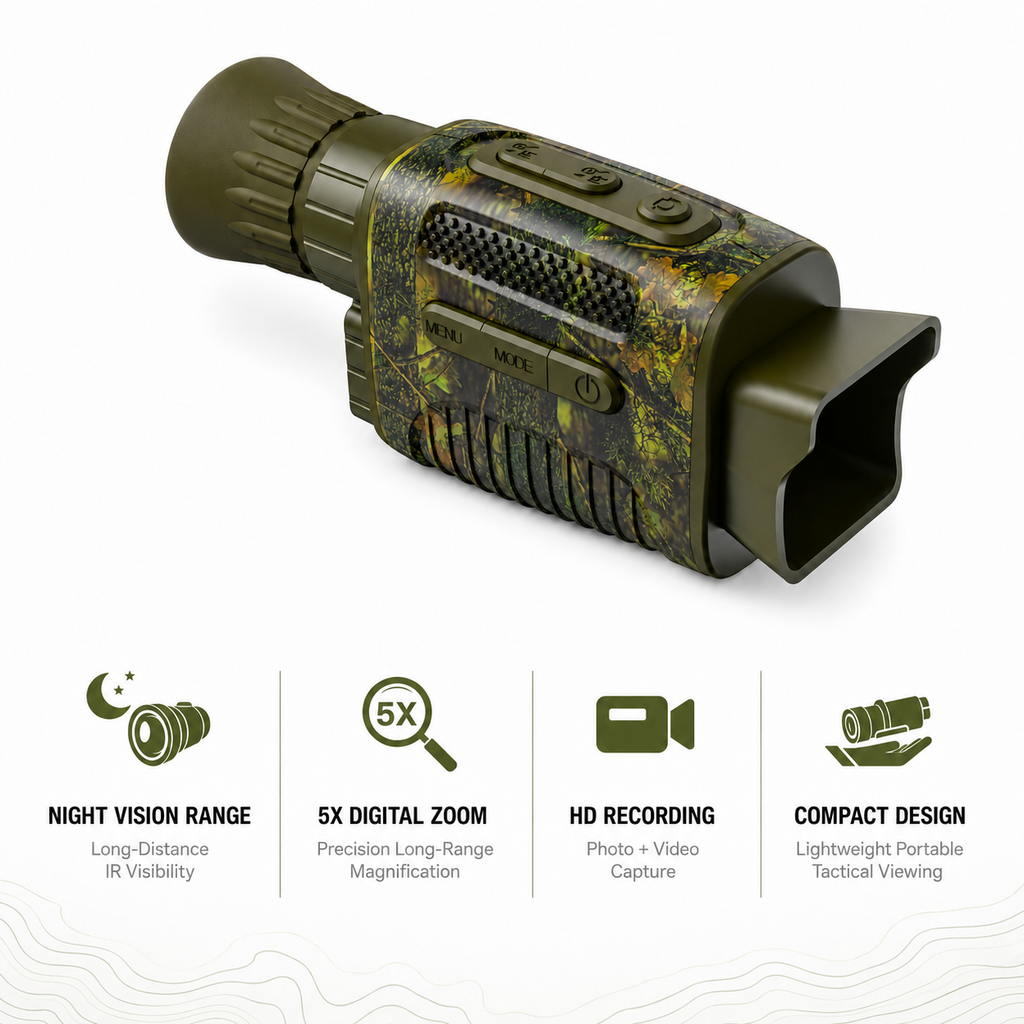 NEXTBAIT NV300-M digital night vision monocular with 5X digital zoom, HD photo and video recording, long-range infrared visibility, compact camouflage design, and portable tactical performance for hunting, wildlife tracking, and nighttime observation.