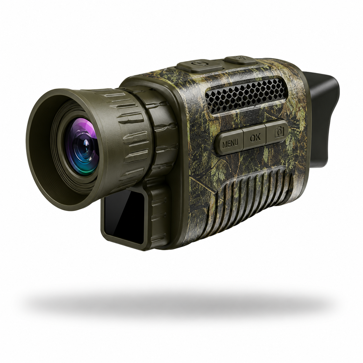 digital night vision monocular, featuring a camouflage design for stealth and easy-to-navigate buttons for optimal functionality in low-light conditions.