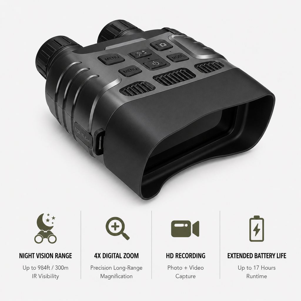 NEXTBAIT NV300-R night vision binoculars with 4X digital zoom, HD photo and video recording, 300m infrared visibility, and extended 17-hour battery life for hunting, wildlife observation, and nighttime surveillance.