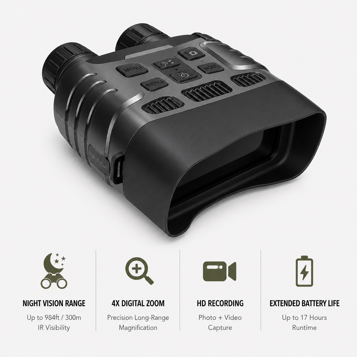 NEXTBAIT NV300-R night vision binoculars with 4X digital zoom, HD photo and video recording, 300m infrared visibility, and extended 17-hour battery life for hunting, wildlife observation, and nighttime surveillance.