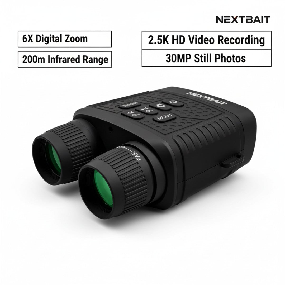 NEXTBAIT NV-380 Night Vision Binoculars featuring 2.5K HD video recording, 30MP photo capture, and 6X digital zoom — best binoculars for animal watching and night observation.
