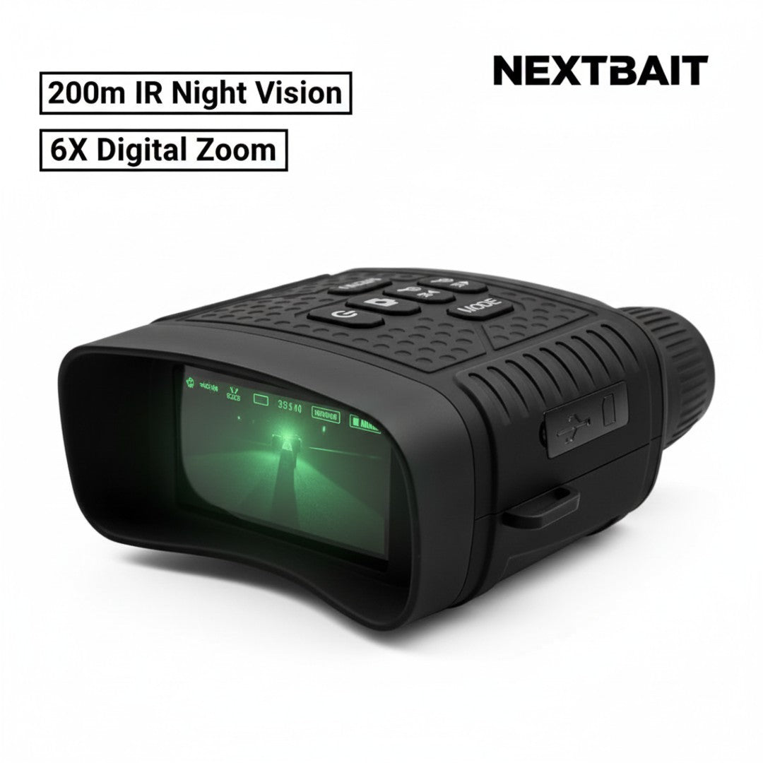 NEXTBAIT NV-380 Night Vision Binoculars showcasing 200-meter infrared night vision and 6X digital zoom for wildlife and night hunting observation.