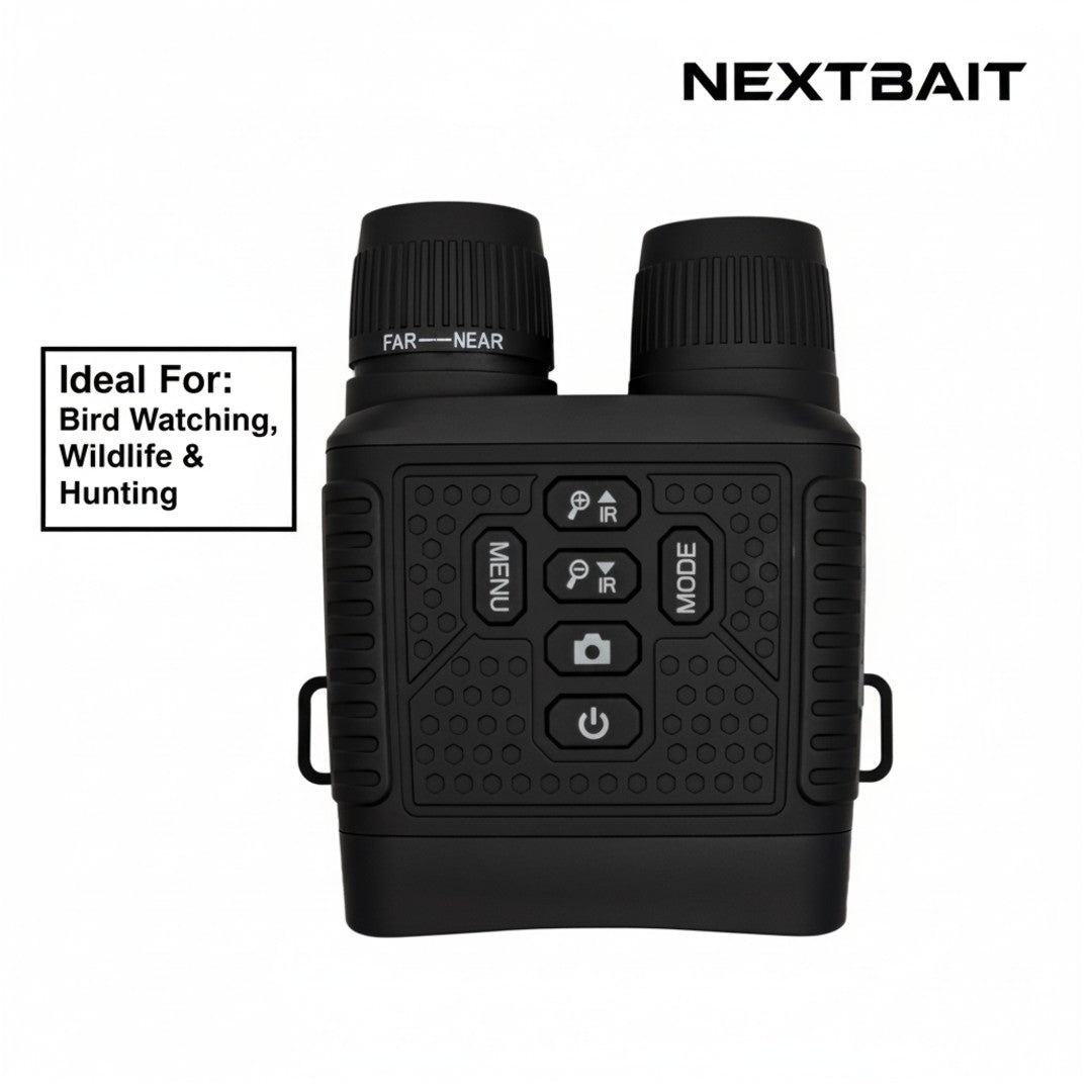 Front control view of NEXTBAIT NV-380 Night Vision Binoculars featuring 2.5K Ultra HD recording, infrared mode, and easy-access buttons — best binoculars for bird watching and outdoor exploration.