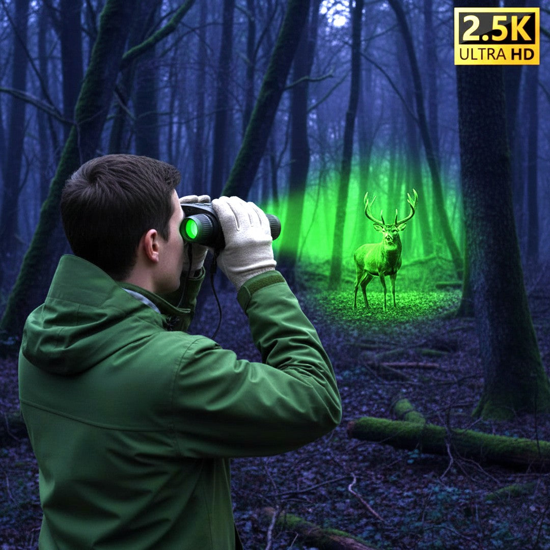 Man using NEXTBAIT NV-380 Night Vision Binoculars in forest at night to view a deer with 2.5K Ultra HD clarity — best binoculars for wildlife watching, hunting, and outdoor exploration.