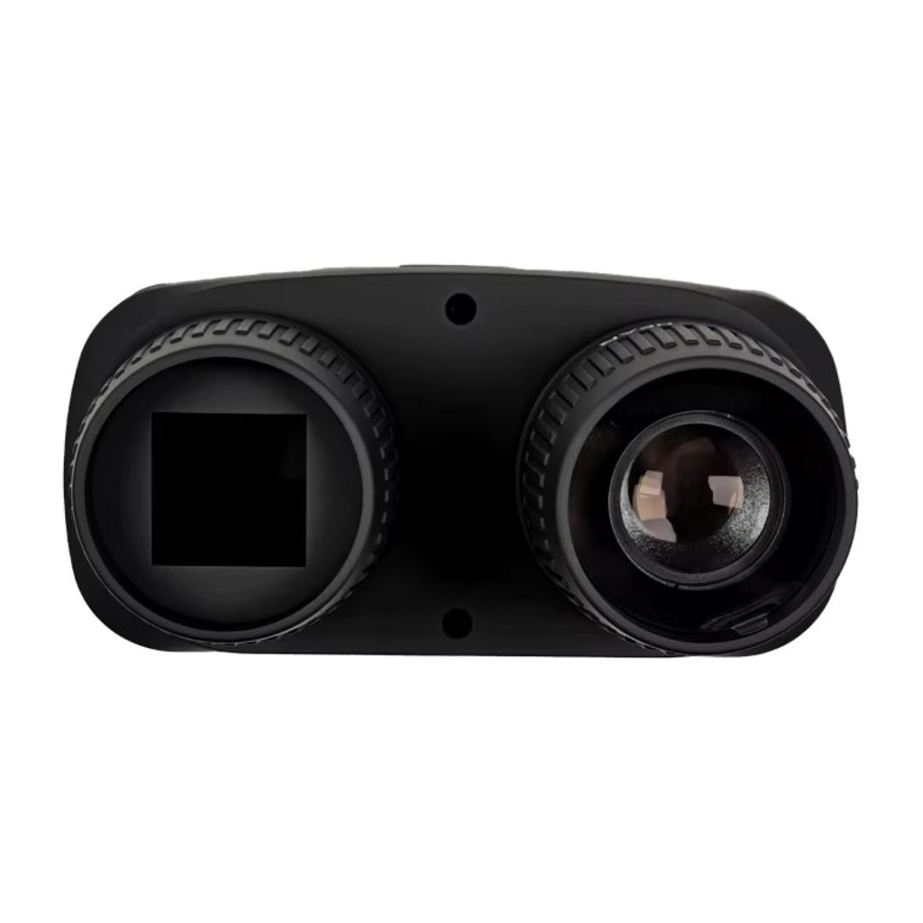 Close-up view of NEXTBAIT NV-380 Night Vision Binoculars lenses showing high-precision optics and 6X digital zoom — best binoculars for animal watching and wildlife observation.