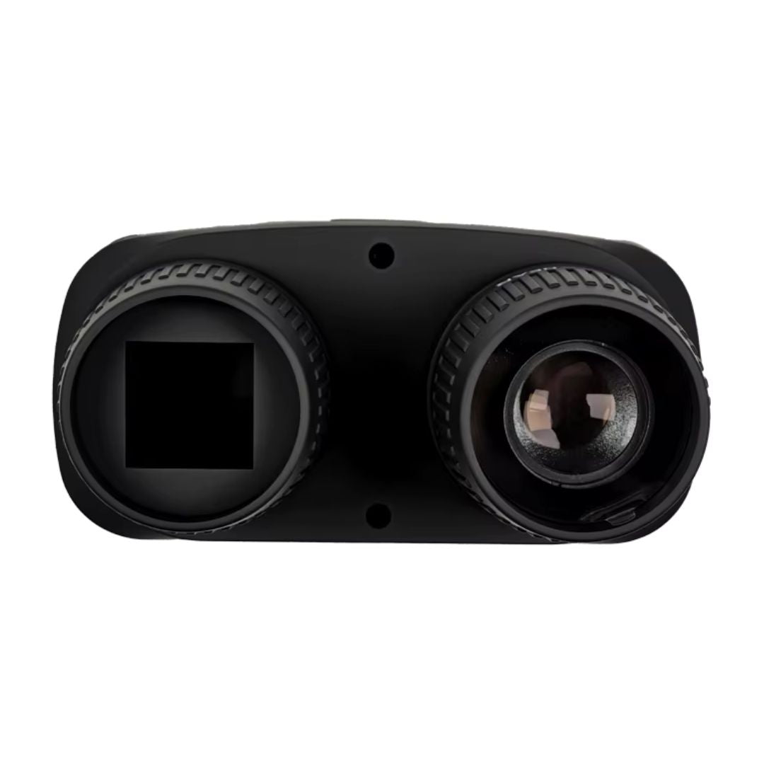 Close-up view of NEXTBAIT NV-380 Night Vision Binoculars lenses showing high-precision optics and 6X digital zoom — best binoculars for animal watching and wildlife observation.