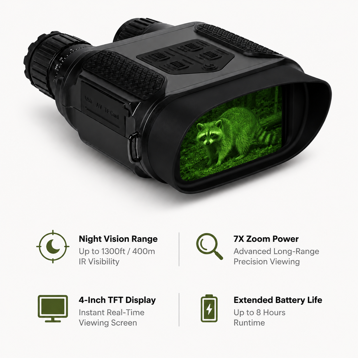 NEXTBAIT NV400-R night vision binoculars with 7X zoom, 400m infrared visibility, 4-inch TFT display, and extended battery life for hunting, wildlife observation, surveillance, and nighttime outdoor adventures.