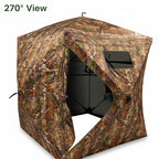 Nextbait VS270 hunting blind showcasing its 270 degree see through view with camo design and open shooting window.