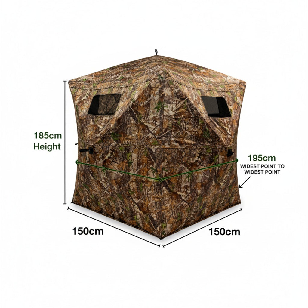 Nextbait VS270 See Through Hunting Blind with full dimension illustration showing 185 cm height, 150 cm base length, and 195 cm widest width.