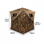 Nextbait VS270 See Through Hunting Blind with full dimension illustration showing 185 cm height, 150 cm base length, and 195 cm widest width.