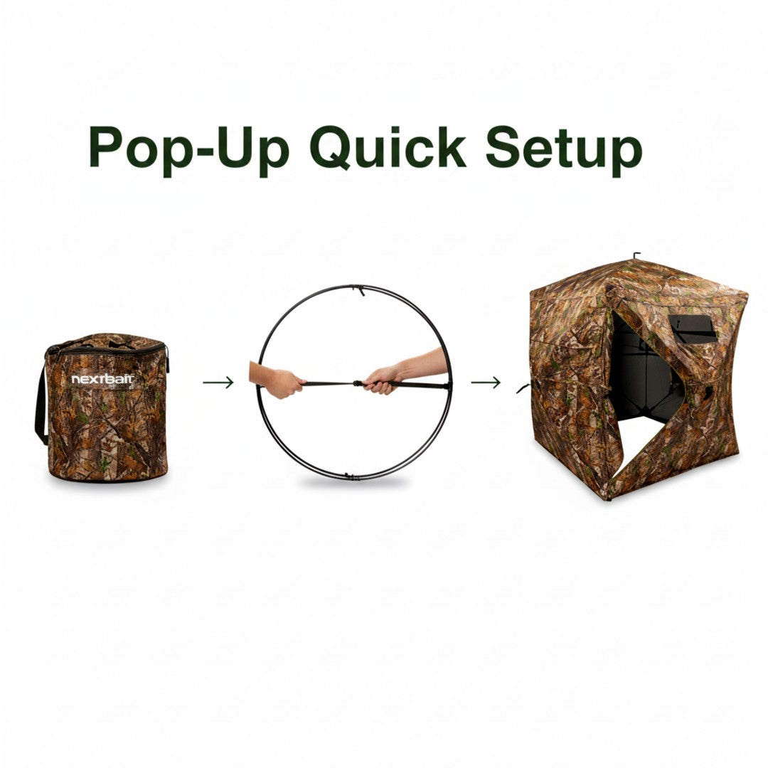 Pop up quick setup guide showing the Nextbait VS270 hunting blind unfolding from carry bag to full tent using a simple pull open mechanism.