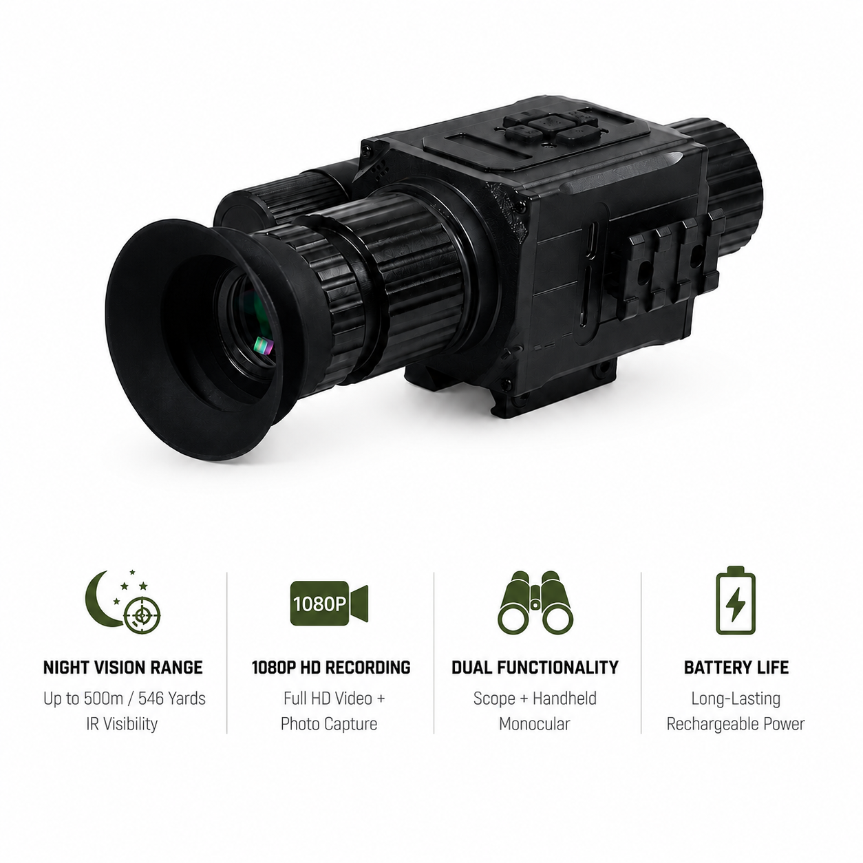 NEXTBAIT XM 3.0 night vision rifle scope with 1080P HD recording, 500m infrared visibility, dual handheld monocular functionality, and rechargeable battery for hunting, tactical shooting, and outdoor surveillance.