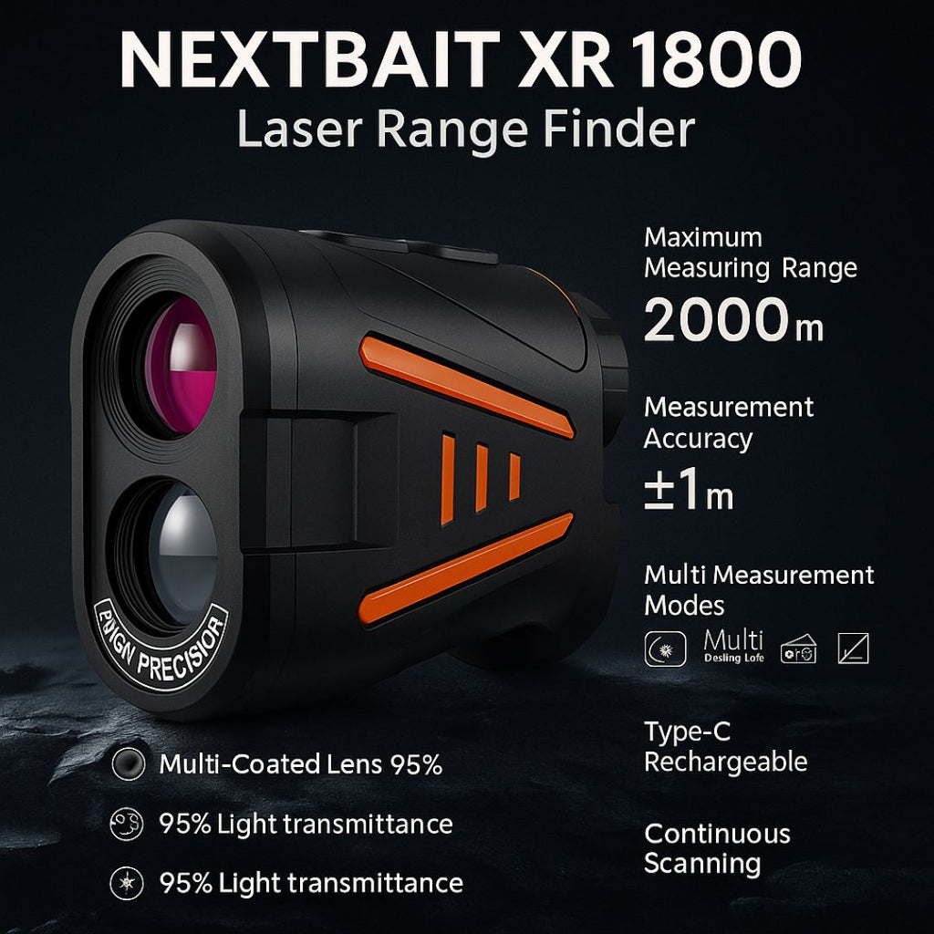 Feature icon grid for NEXTBAIT XR 1800 laser range finder highlighting 6X zoom, slope mode, height and angle measurement.