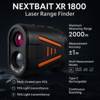 Feature icon grid for NEXTBAIT XR 1800 laser range finder highlighting 6X zoom, slope mode, height and angle measurement.