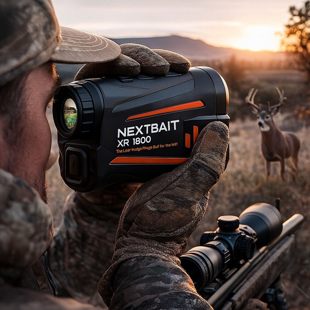 Hunter using NEXTBAIT XR 1800 laser range finder outdoors with deer in background and rugged field environment.