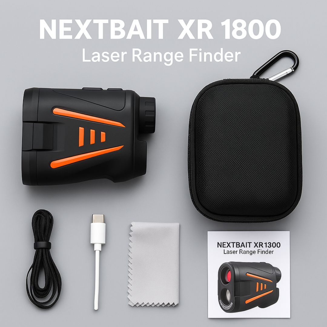 Accessories included with NEXTBAIT XR 1800 laser range finder showing case, cable, lanyard and cleaning cloth.