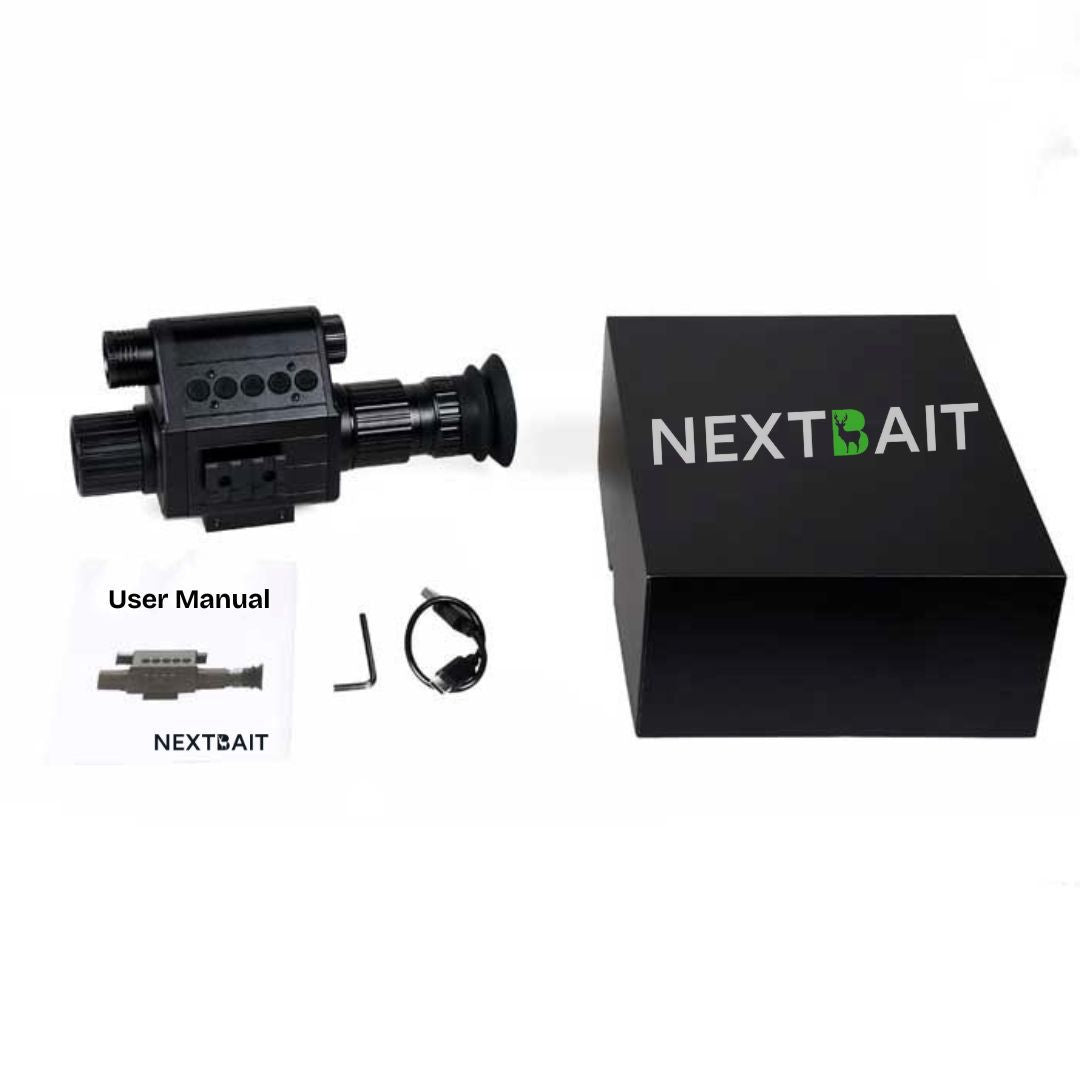 NEXTBAIT XM 3.5 Night Vision Scope shown alongside its black retail box, user manual, and charging cable, representing the full product kit.