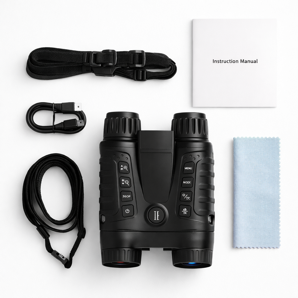 NV-550R Sentinel night vision binoculars with included accessories such as USB charging cable, neck strap, cleaning cloth and instruction manual