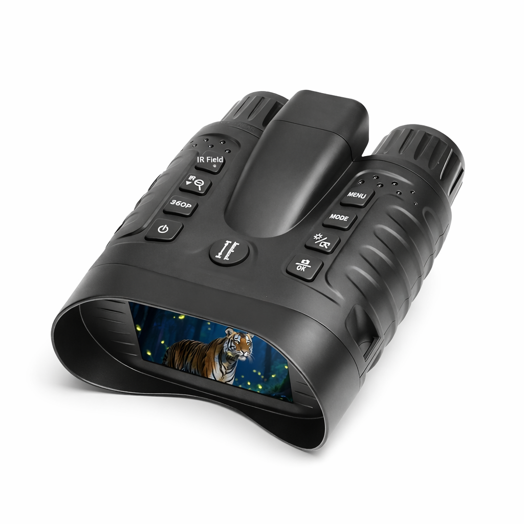 NV-550R Sentinel night vision binoculars showing wildlife observation on the HD display screen for nighttime hunting and outdoor exploration