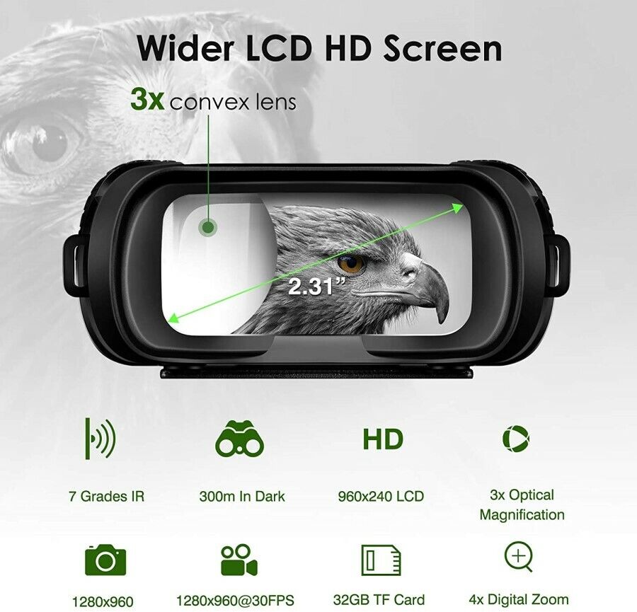 The best night vision binoculars featuring a wider LCD HD screen with a 3x convex lens, displaying a clear and magnified image of an eagle in high definition, along with various specifications such as 7 grades IR, 300m in dark visibility, 960x240 LCD resolution, 3x optical magnification, video recording at 1280x960@30FPS, storage support up to 32GB TF card and 4x digital zoom.