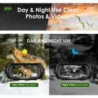 An advertisement for the best night vision binoculars, capable of clear photos and videos during both day and night. The image features a daytime view of a forest with a wolf, and a nighttime view of the same wolf, demonstrating the binoculars’ range from 3 meters to infinity during the day and 200 to 300 meters at night.