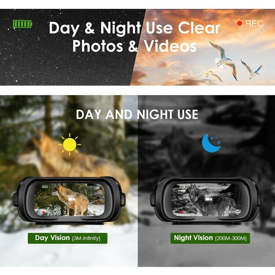 An advertisement for the best night vision binoculars, capable of clear photos and videos during both day and night. The image features a daytime view of a forest with a wolf, and a nighttime view of the same wolf, demonstrating the binoculars’ range from 3 meters to infinity during the day and 200 to 300 meters at night.