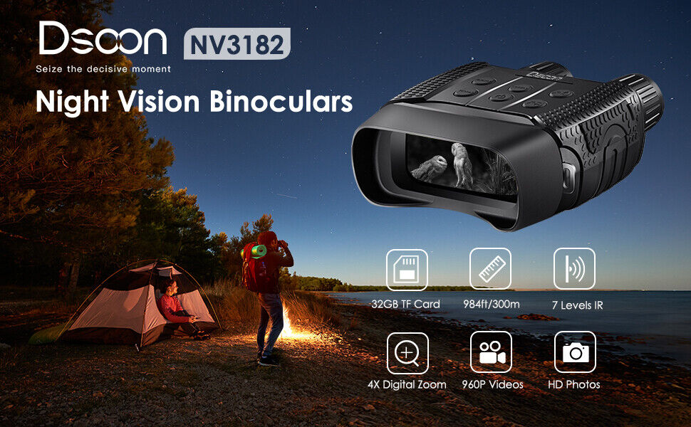 A person standing near a tent at the edge of a serene lake, using Dsoon NV3182 night vision binoculars, one of the best binoculars for hunting, to explore the surroundings in the dark.
