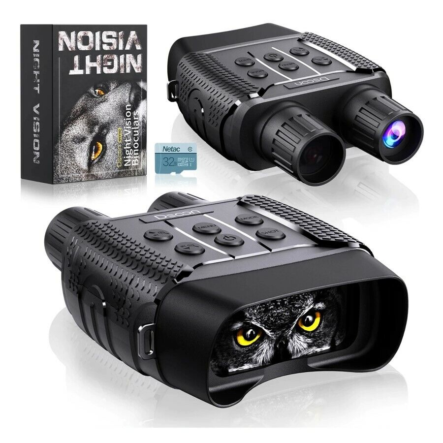 Advanced vision night vision binoculars with detailed texture and buttons, accompanied by a packaging box featuring an image of a cat’s eyes illuminated in the dark, showcasing the effectiveness of the binoculars.